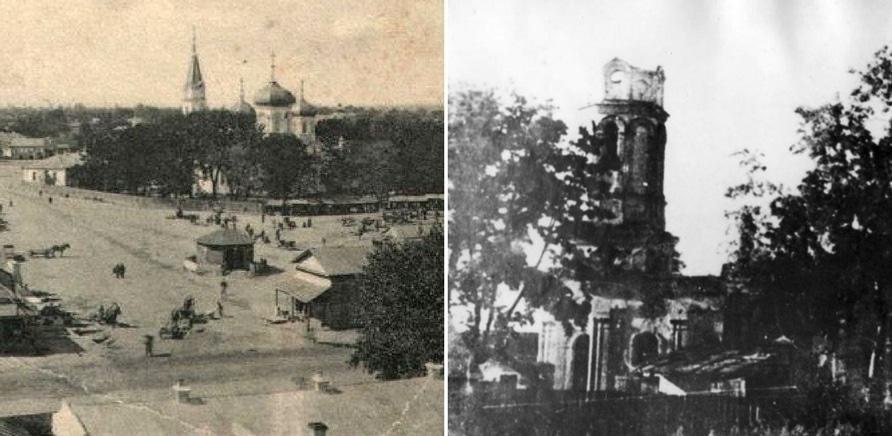 Зліва – такий вигляд мала церква на центральній площі. Справа – залишки зруйнованої дзвіниці. Фото з Facebook Бориса Юхна