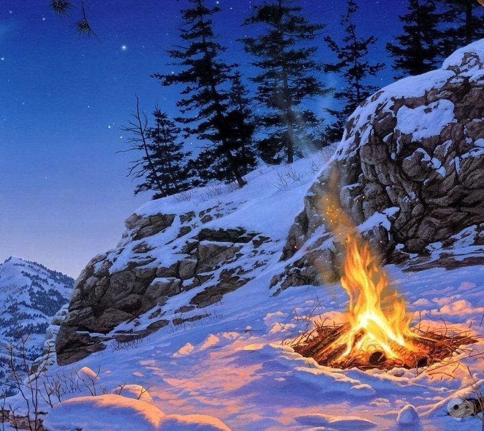 Сказочный зимний лес посиделки у огня